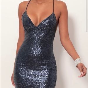 Sequin Lace-Back Bodycon Dress In Matte Navy